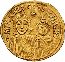 Constantine (right) and his grandfather Michael II on the reverse of a solidus
