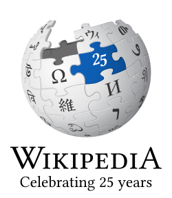 Wikipedia logo with text: Celebrating 25 years